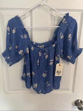 Billabong Blue Floral Off-Shoulder Peasant Top